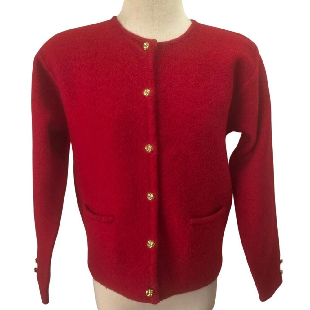 Karen Scott Petites 100% Wool Red Button Front Cardigan Sweater Gold Buttons PS